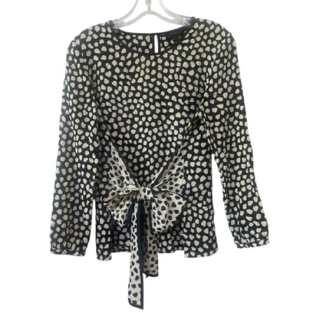 J. Crew Silk Black and Cream Pebble Print Polka Dot Blouse